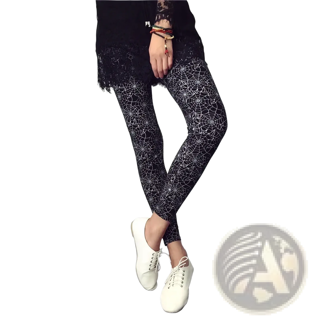 Black floral print workout leggings for women with white spiderweb pattern designed for exercise and comfort