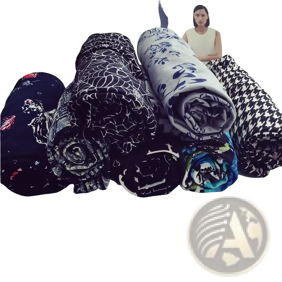 A collection of rolled floral print workout leggings for women featuring black and white, blue, gray, and classic patterns