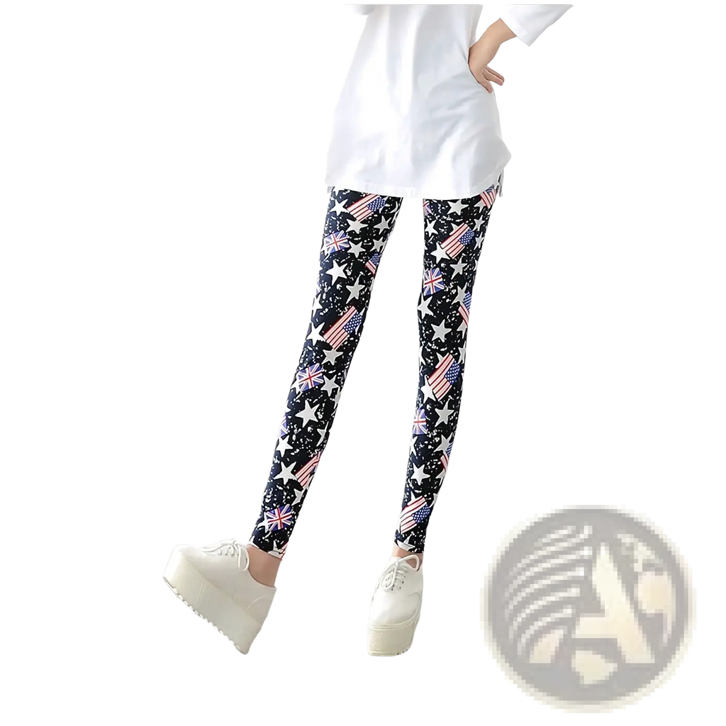Black floral print workout leggings for women featuring vibrant white stars and american and british flag patterns