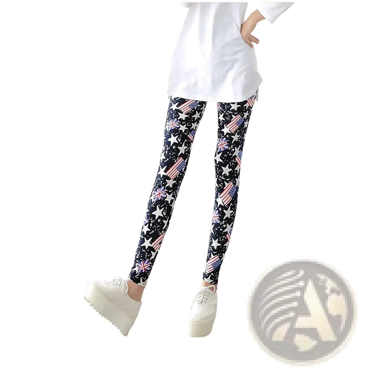 Black floral print workout leggings for women featuring vibrant white stars and american and british flag patterns