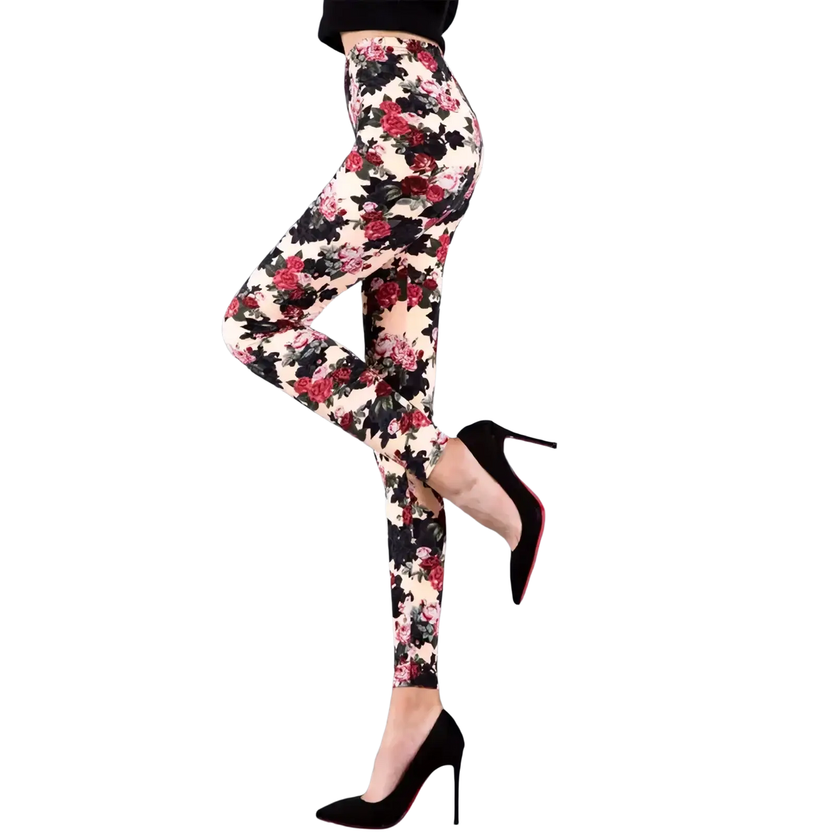 Floral print workout leggings for women with cream black and pink hues featuring a snug fit and floral pattern