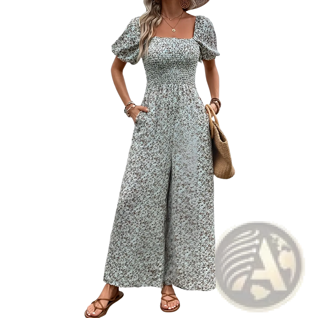 A woman wearing a light green and white floral puff sleeve wide leg jumpsuit with square neckline