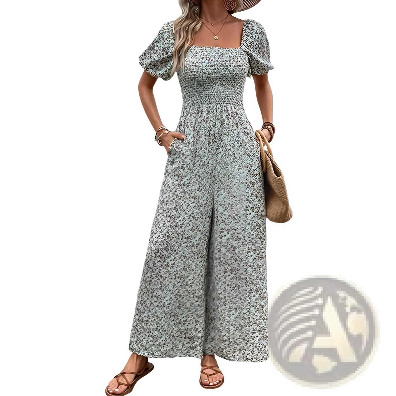 A woman wearing a light green and white floral puff sleeve wide leg jumpsuit with square neckline