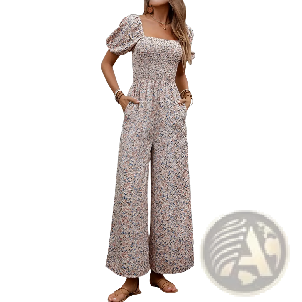 A woman wears a beige floral print jumpsuit with puff sleeves and wide-leg pants in a floral puff sleeve wide leg jumpsuit