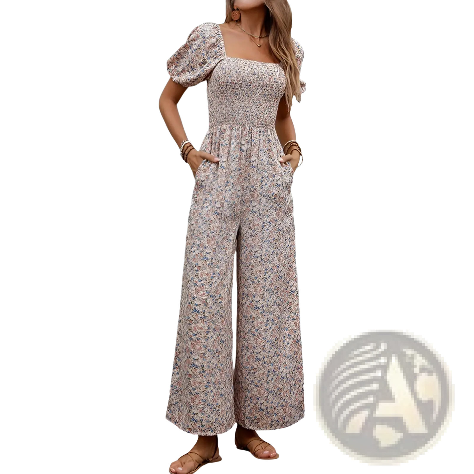 A woman wears a beige floral print jumpsuit with puff sleeves and wide-leg pants in a floral puff sleeve wide leg jumpsuit