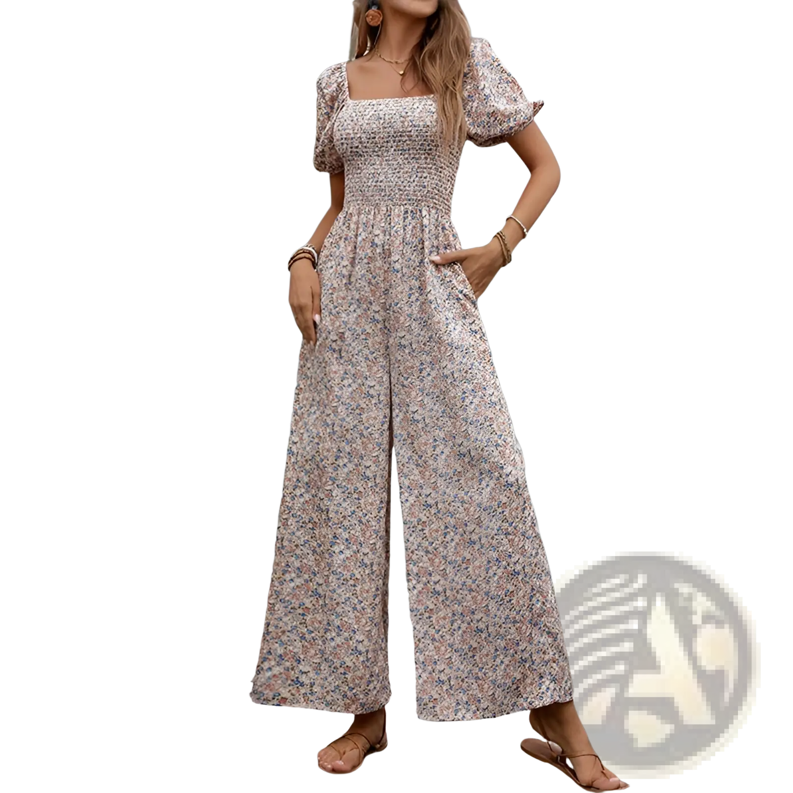A woman wears a beige floral print jumpsuit with puff sleeves and wide-leg pants in a casual design
