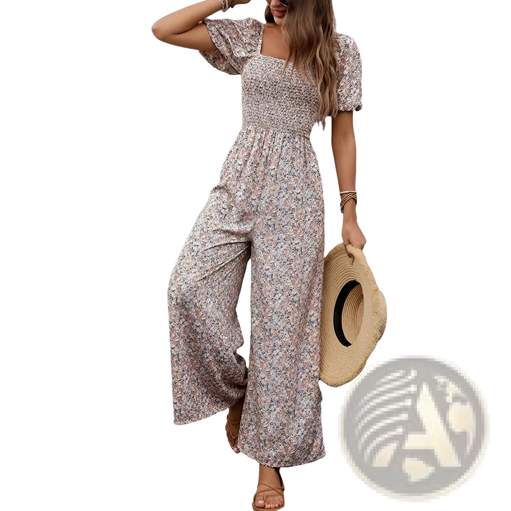 A woman wears a soft flowing floral puff sleeve wide leg jumpsuit in muted pastel tones