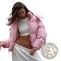 Pink floral puffer jacket with small blue flower pattern and elastic cuffs for winter women outerwear