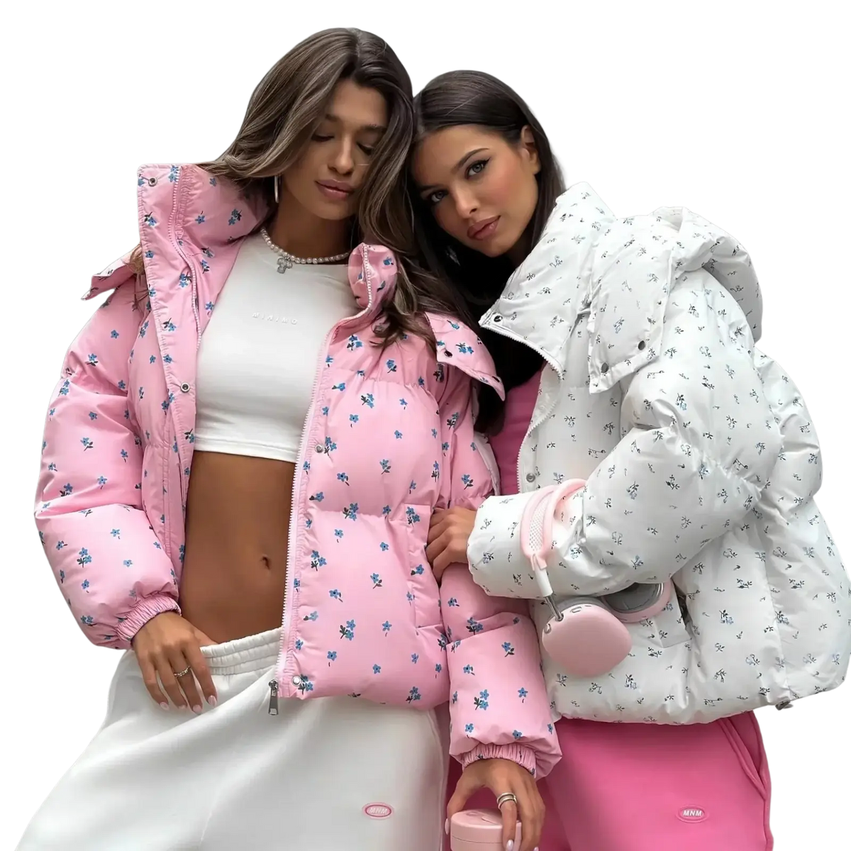 Pink puffer jacket with blue floral pattern for women winter outerwear featuring a warm insulated design
