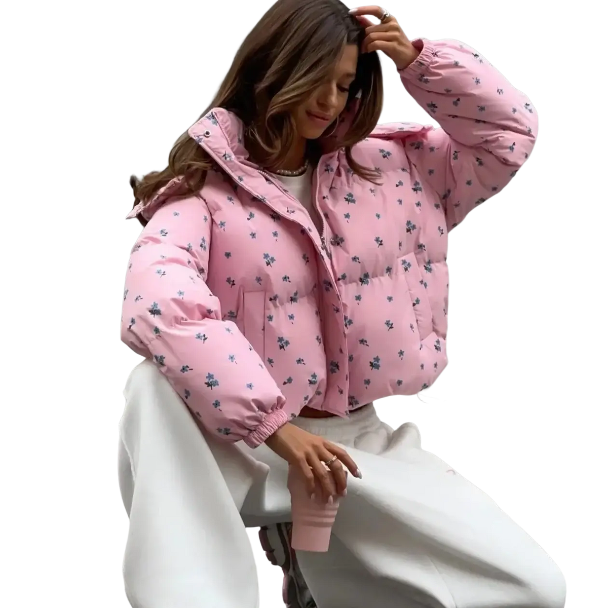 Pink floral puffer jacket for winter women outerwear featuring a subtle floral pattern and warm insulation