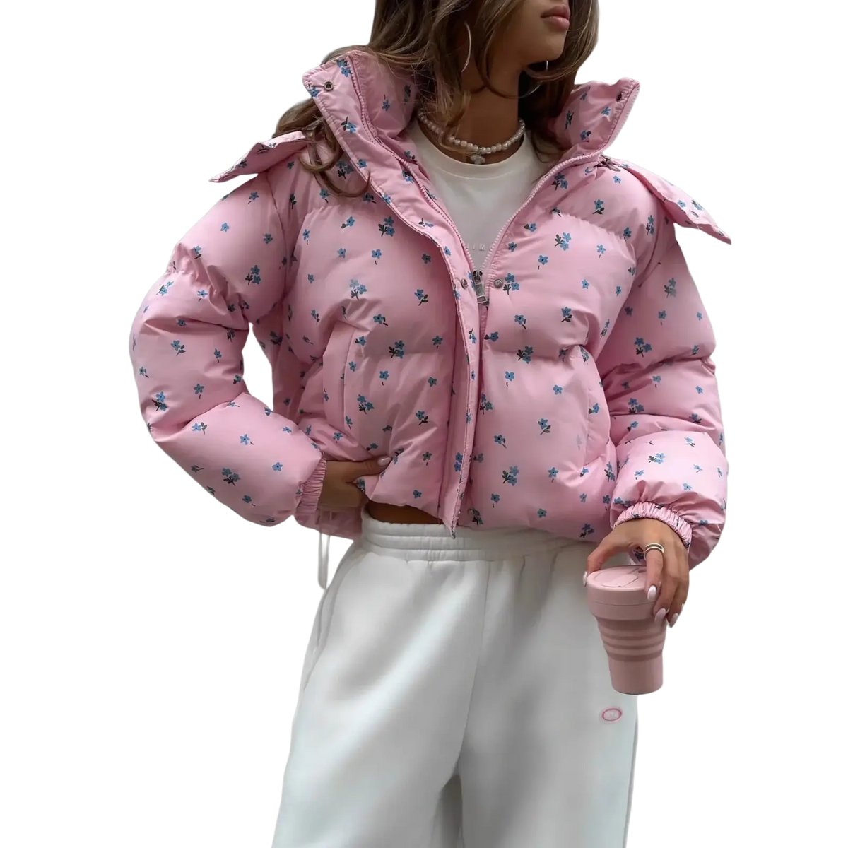 Floral puffer jacket winter women outerwear in pink with small blue floral pattern and ruffled cuffs