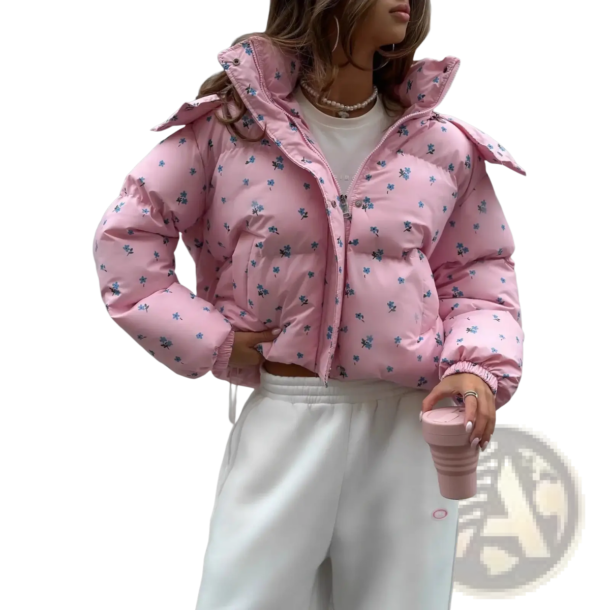 Floral puffer jacket winter women outerwear in pink with small blue floral pattern and ruffled cuffs