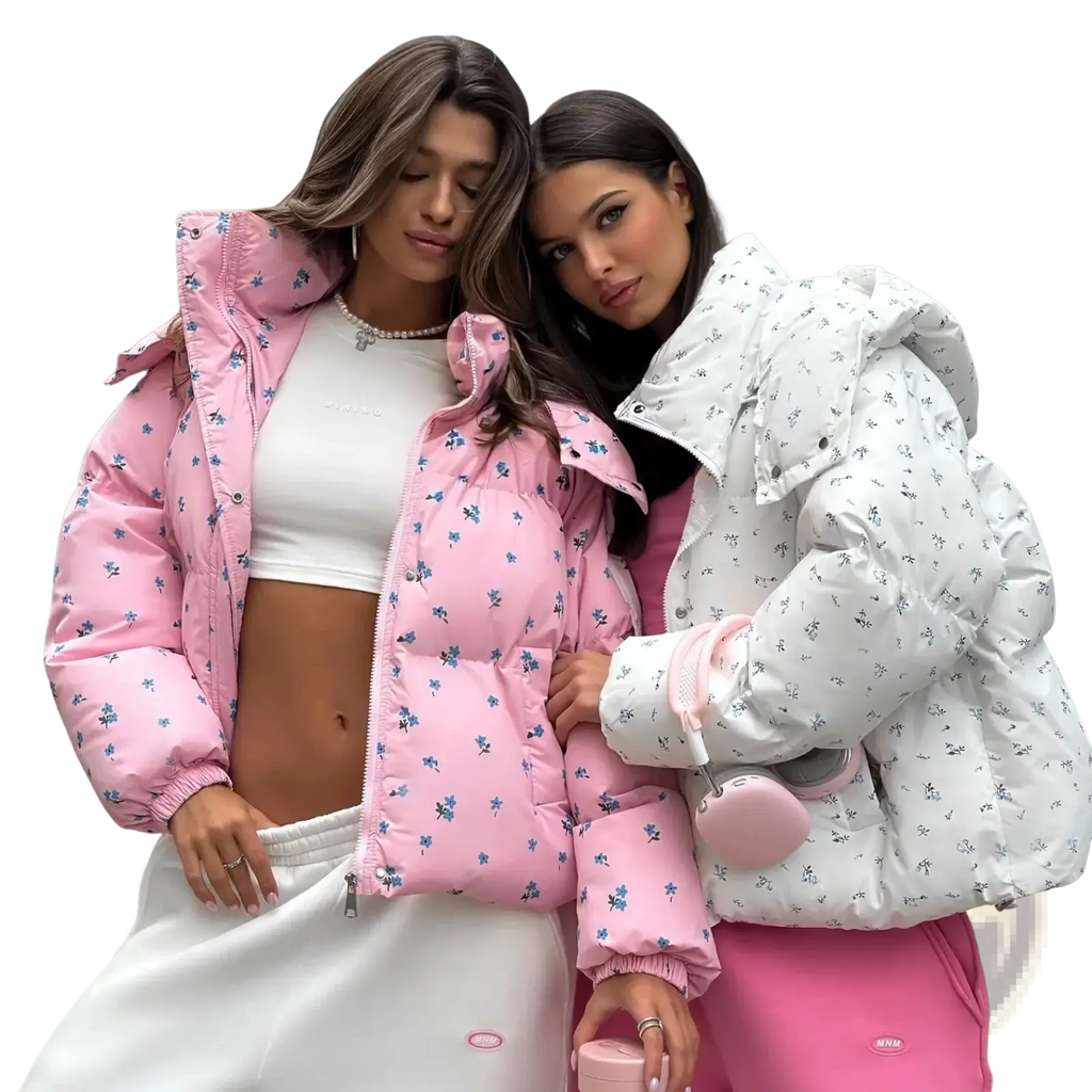 Pink puffer jacket with blue floral pattern for women winter outerwear featuring a warm insulated design