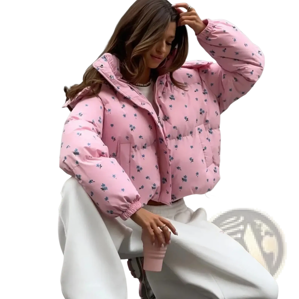 Pink floral puffer jacket for winter women outerwear featuring a subtle floral pattern and warm insulation