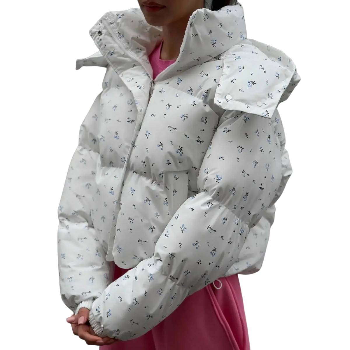 Floral puffer jacket winter women outerwear white quilted with subtle black and blue floral pattern and detachable hood