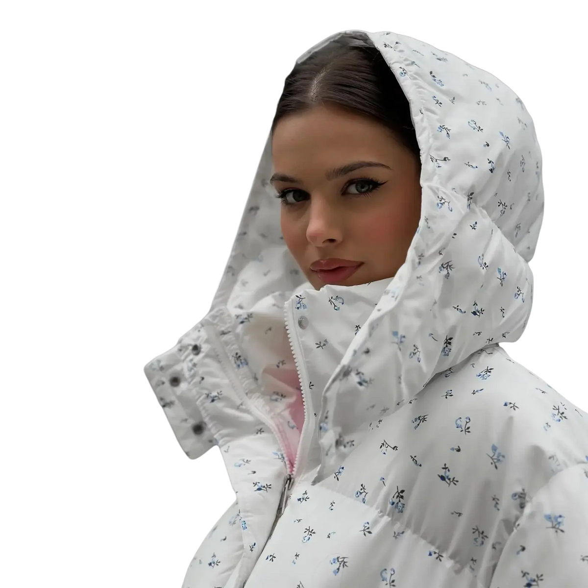White floral puffer jacket with hood for women winter outerwear featuring a quilted design and lightweight insulation