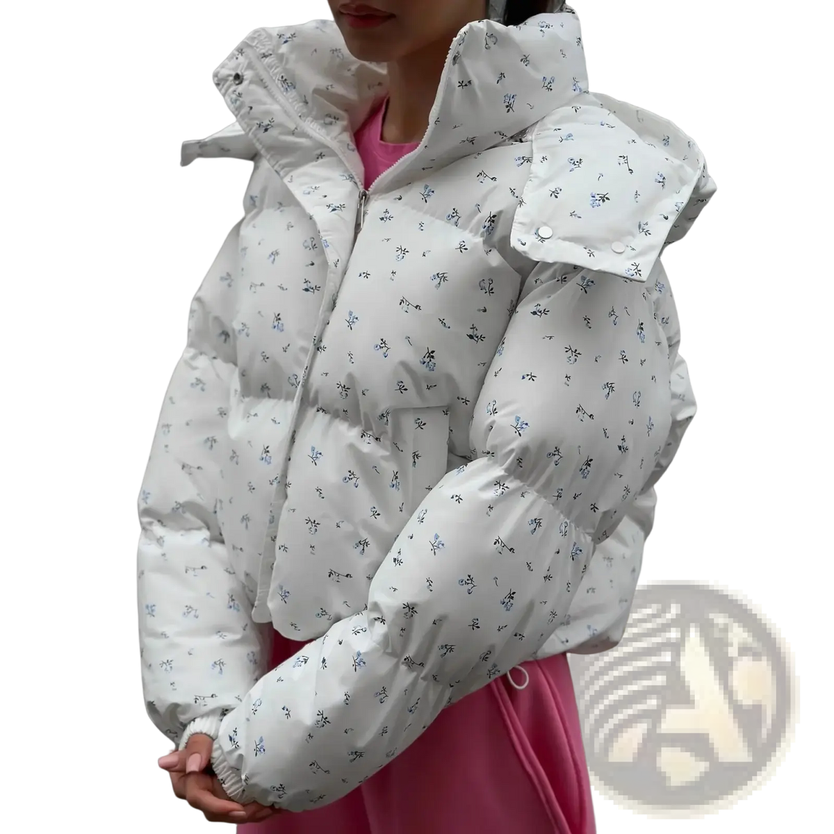 Floral puffer jacket winter women outerwear white quilted with subtle black and blue floral pattern and detachable hood