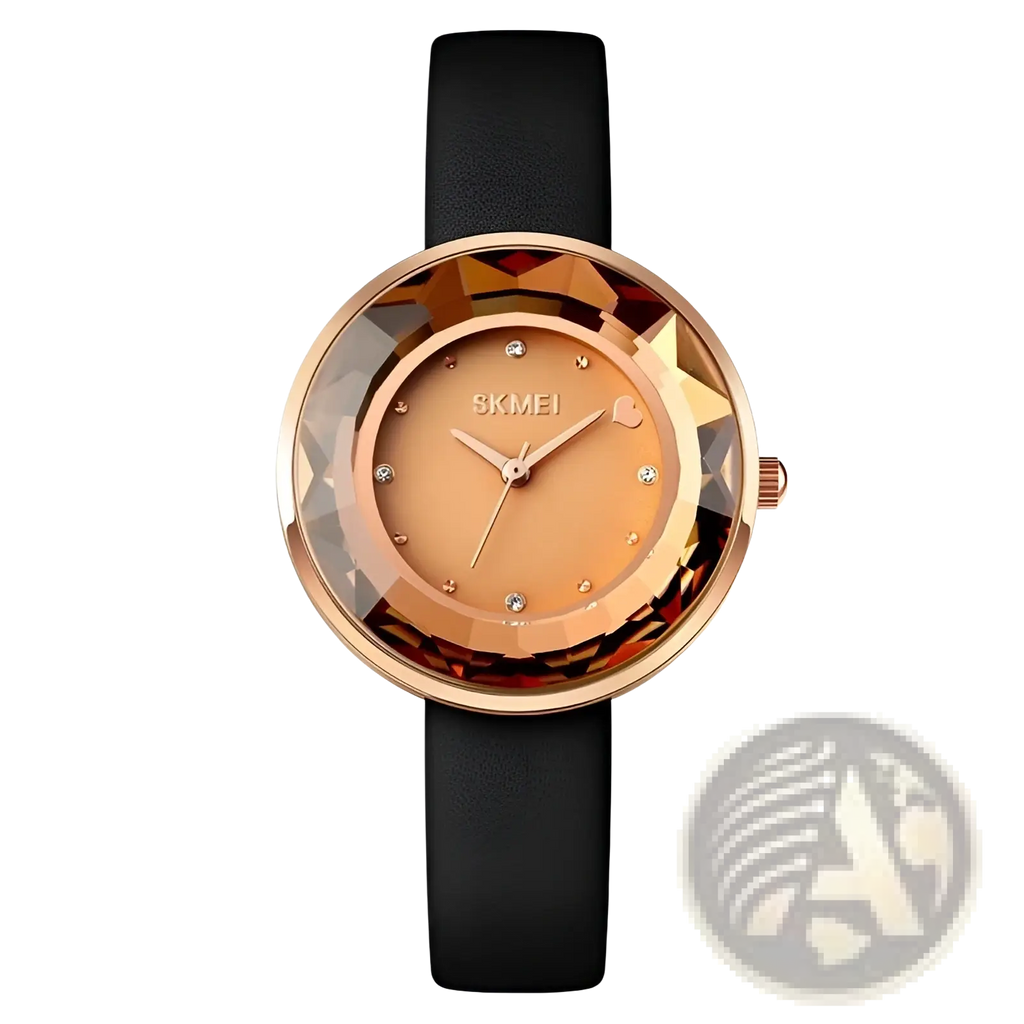 Rose gold-toned floral quartz watch with faceted crystal bezel diamond accents and black leather strap in gift box