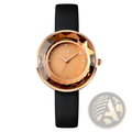 Rose gold-toned floral quartz watch with faceted crystal bezel diamond accents and black leather strap in gift box