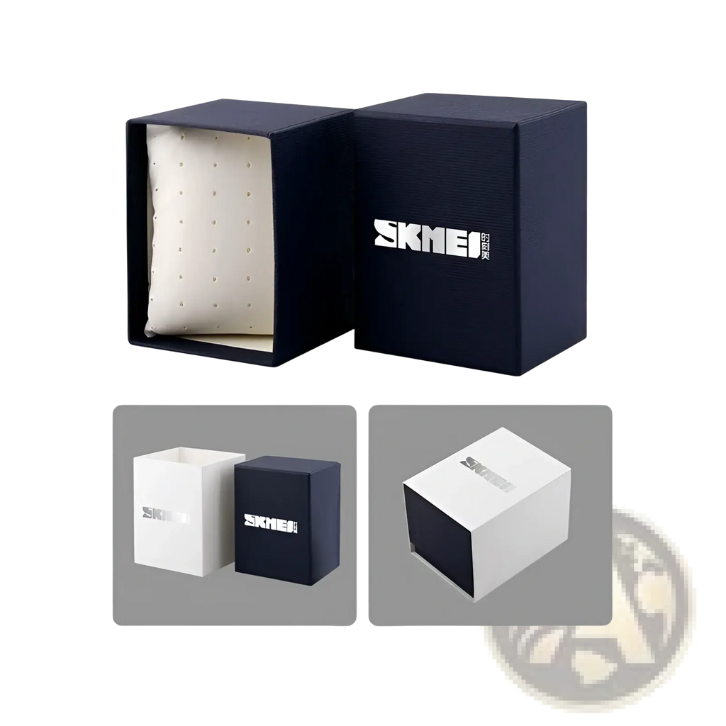 Navy blue skmei floral quartz watch leather strap gift box with white interior padding and silver logo shown with dimensions