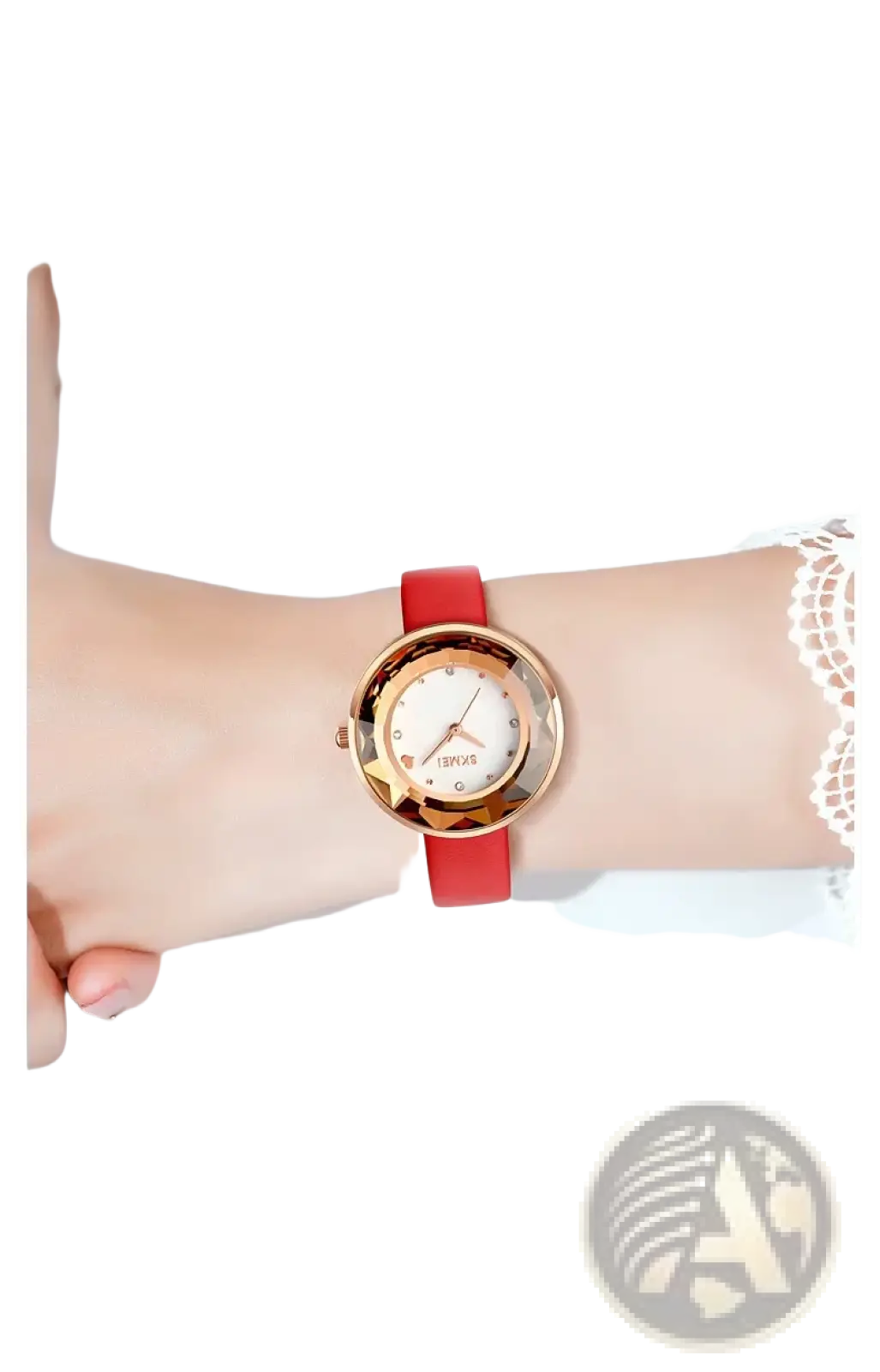 A red leather strap floral quartz watch with gold-tone diamond-shaped bezel and white skmei dial in gift box