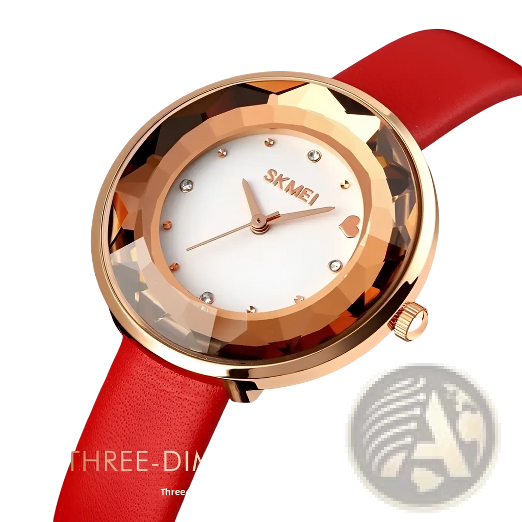 A rose gold skmei floral quartz watch with diamond hour markers, heart accent, white dial, and red leather strap gift box