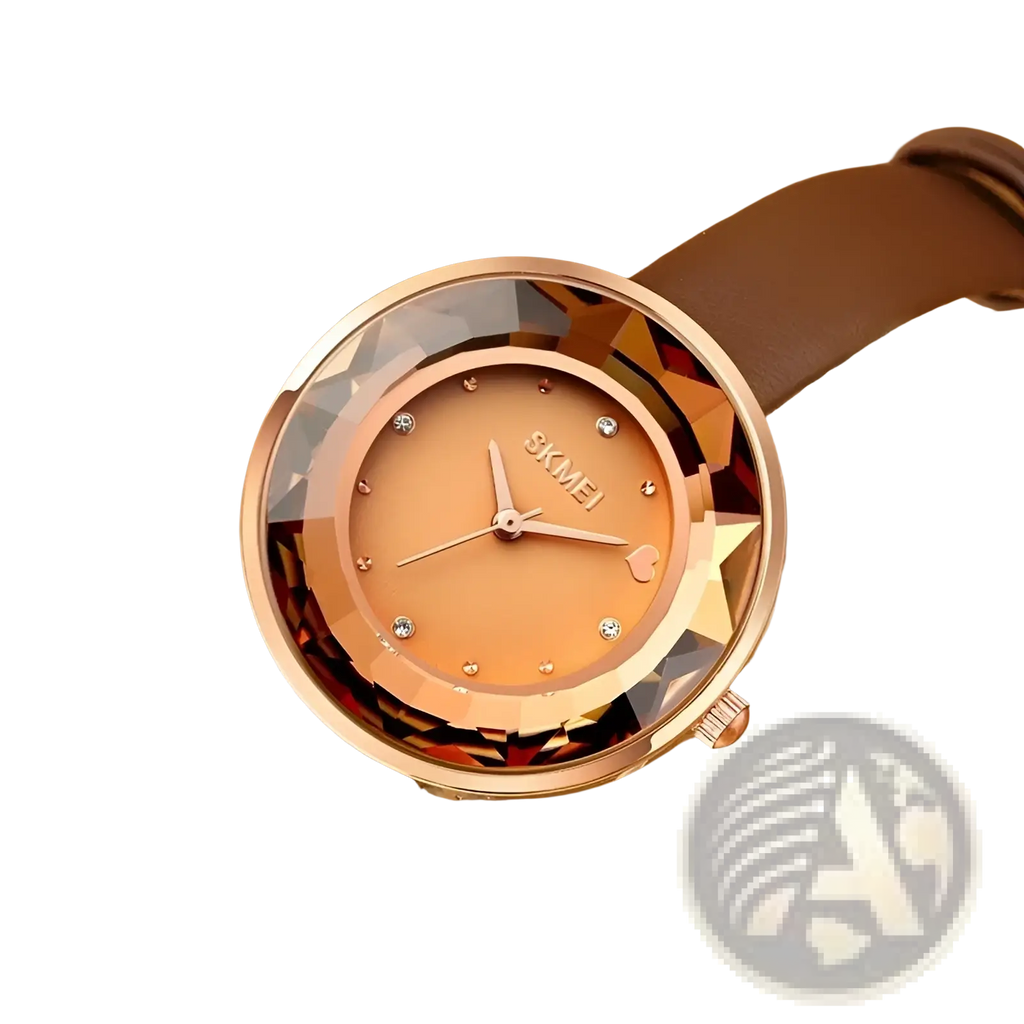 Floral quartz watch with rose gold toned textured dial crystal bezel accents and brown leather strap in gift box