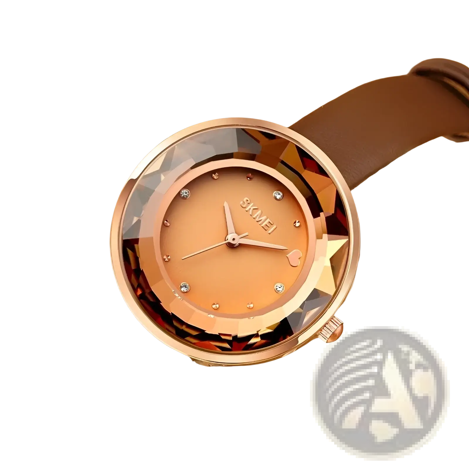 Floral quartz watch with rose gold toned textured dial crystal bezel accents and brown leather strap in gift box