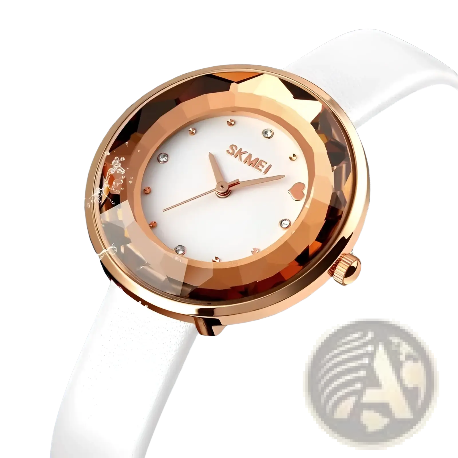 A rose gold-toned skmei floral quartz watch with faceted crystal bezel white dial and white leather strap gift box