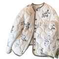 A cream-colored quilted floral bomber jacket with ribbed grey trim y2k winter coat for cold weather