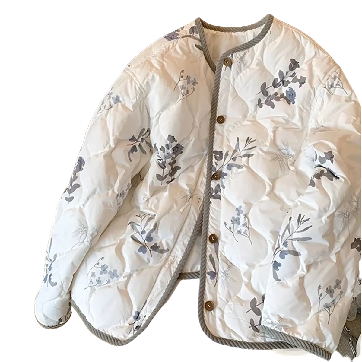 A cream-colored quilted floral bomber jacket with ribbed grey trim y2k winter coat for cold weather