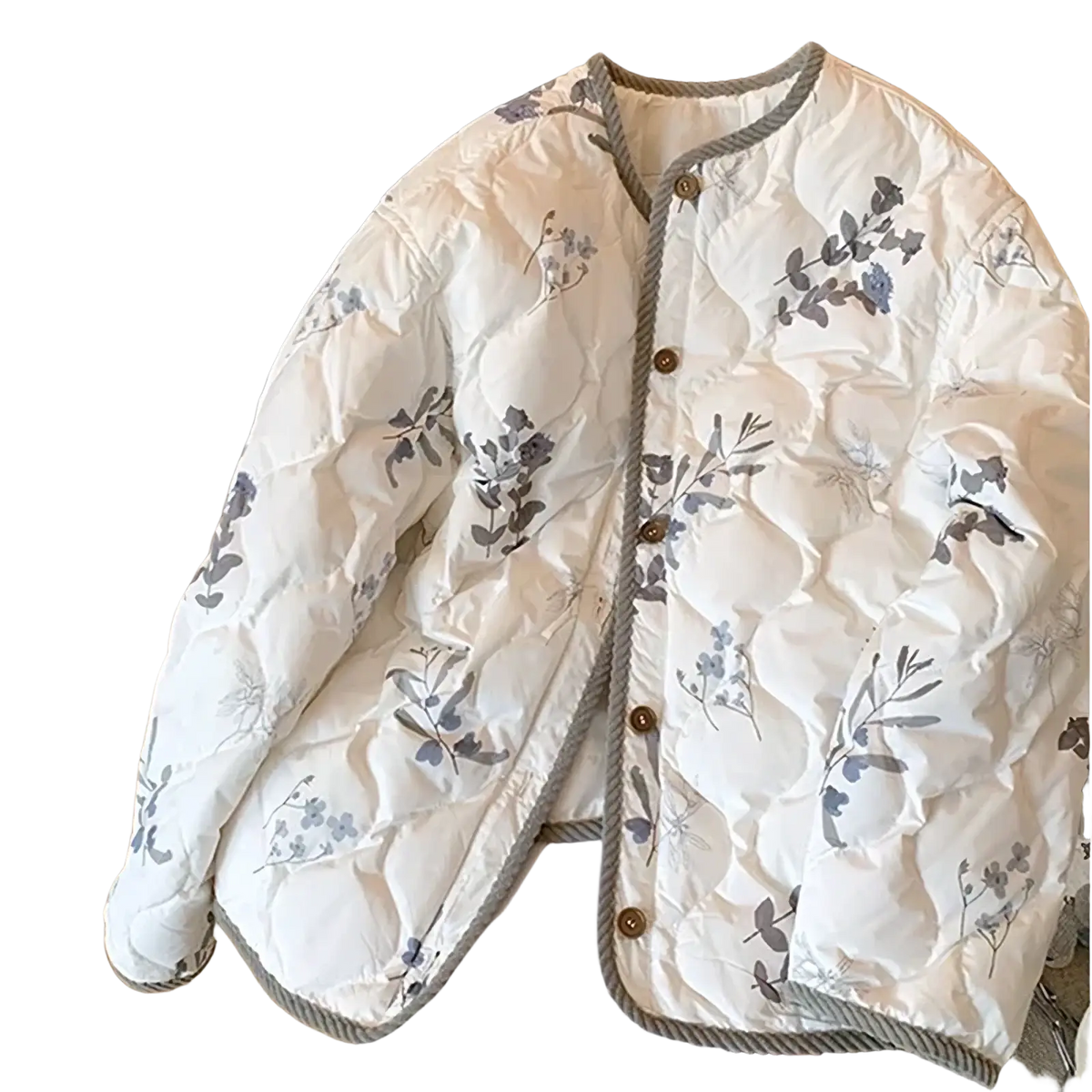 A cream-colored quilted floral bomber jacket with ribbed grey trim y2k winter coat for cold weather