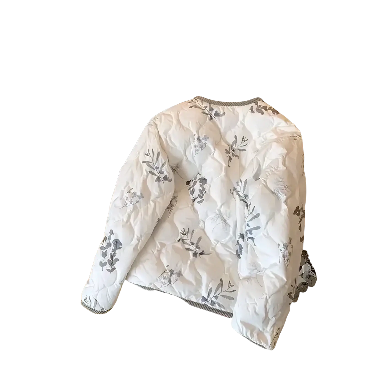 White quilted bomber jacket with gray botanical prints and ribbed trim for winter wear in Y2K style
