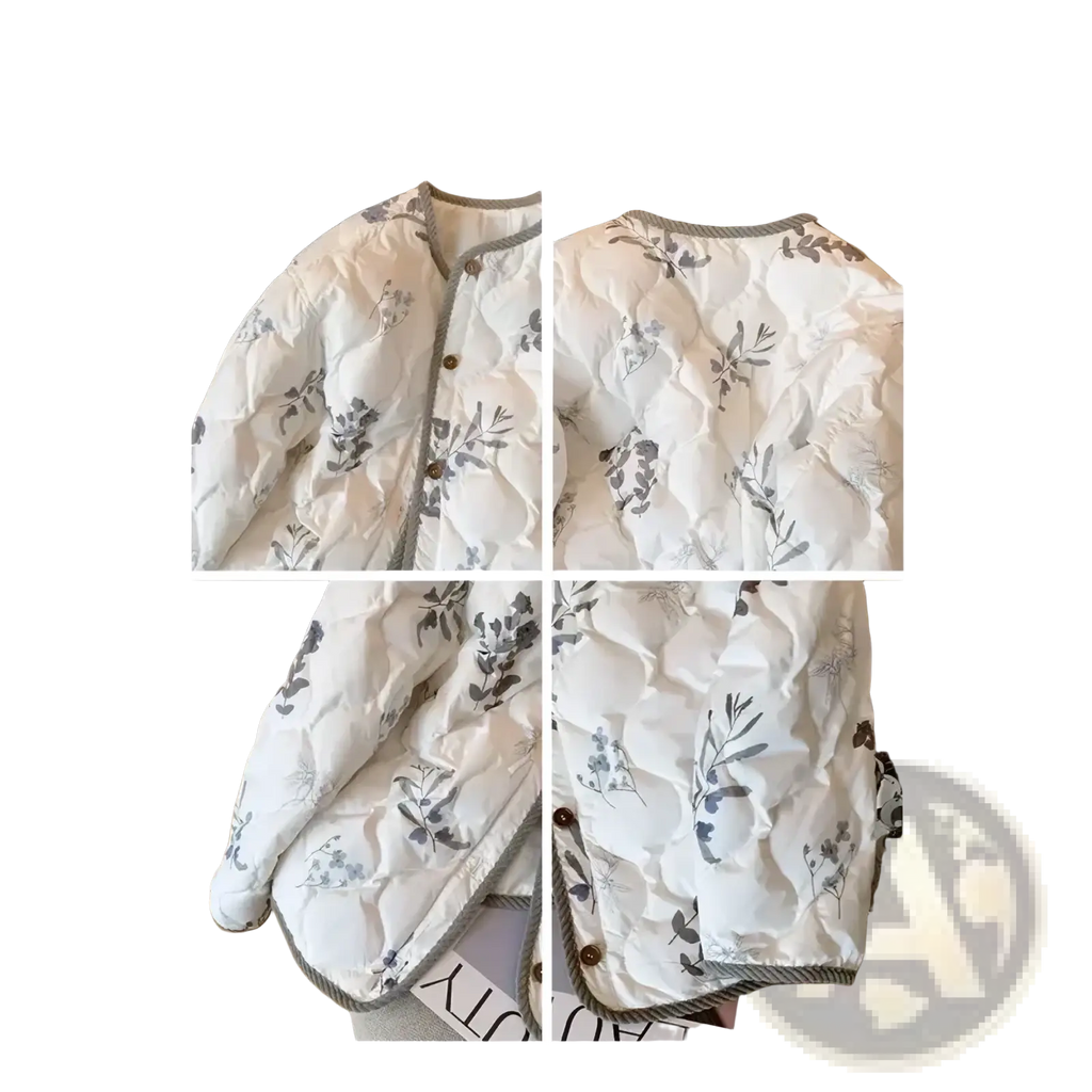 White quilted floral bomber jacket with gray botanical prints and contrasting gray trim for winter wear