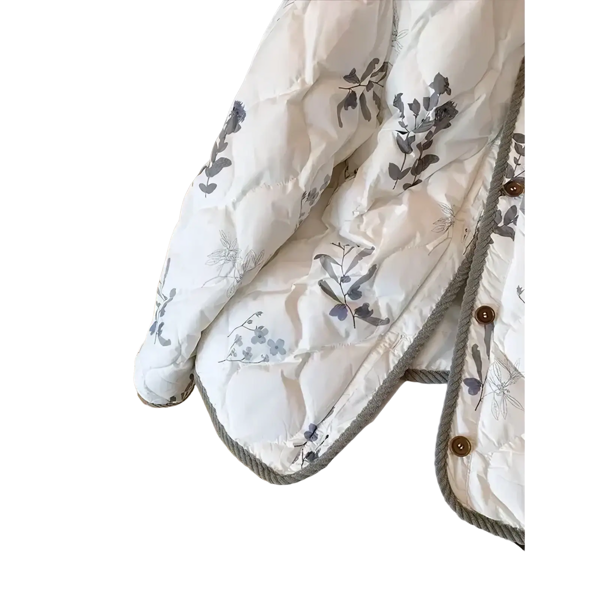 White quilted puffer jacket with gray and purple floral embroidery and textured rope trim for winter wear