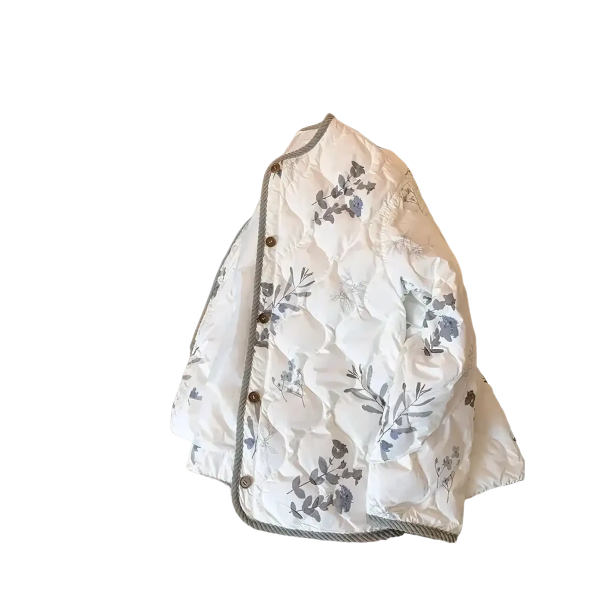 A white quilted puffer jacket with a gray floral pattern brown buttons and matching trim for winter wear