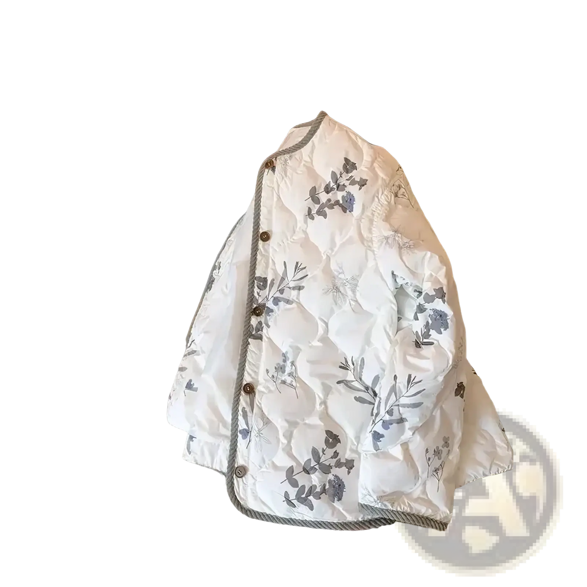 A white quilted puffer jacket with a gray floral pattern brown buttons and matching trim for winter wear