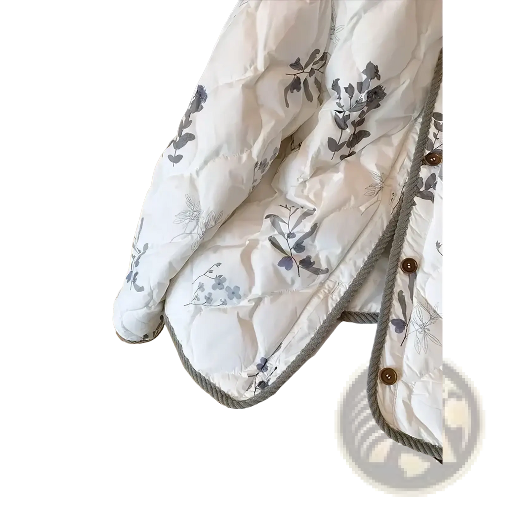 White quilted puffer jacket with gray and purple floral embroidery and textured rope trim for winter wear