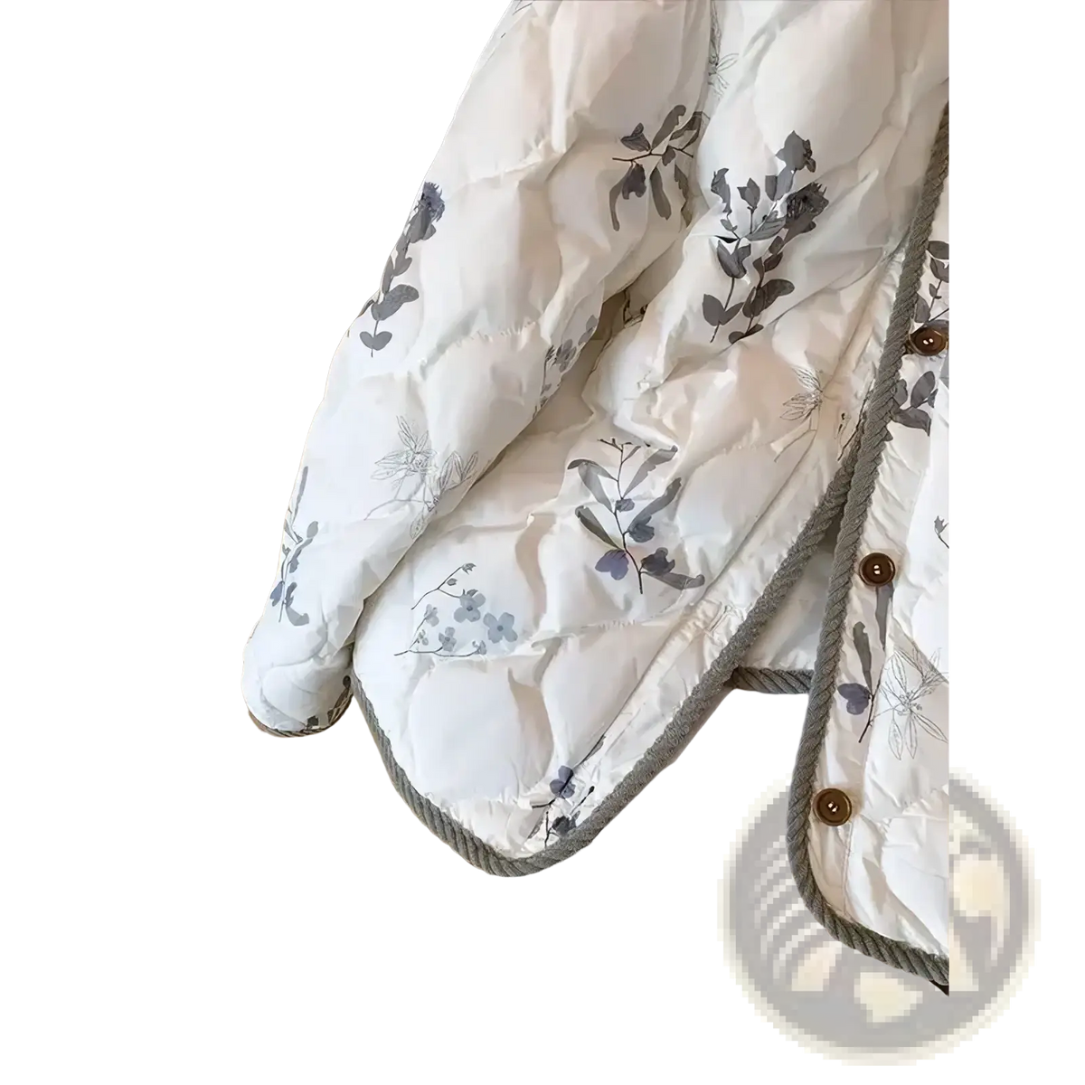 White quilted puffer jacket with gray and purple floral embroidery and textured rope trim for winter wear