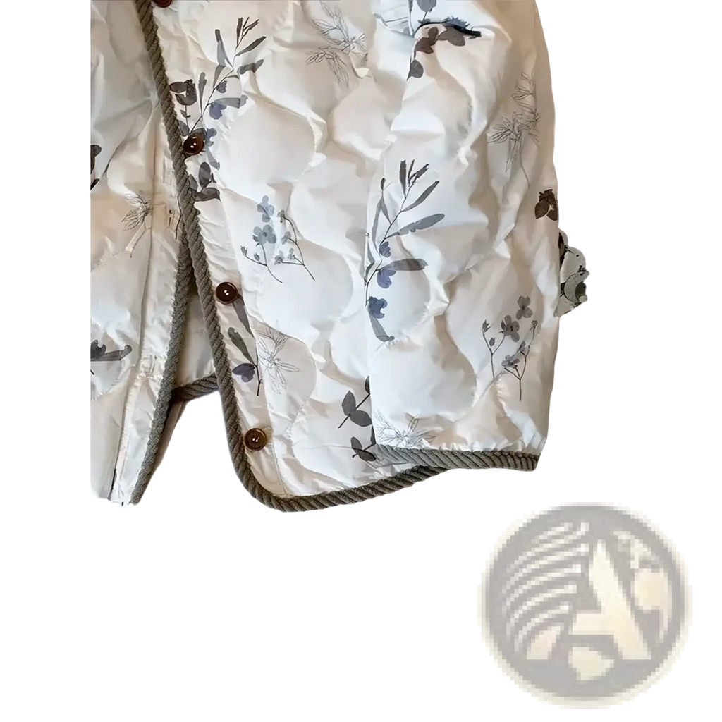 White quilted floral bomber jacket with gray botanical print, wooden buttons, and rope trim for winter wear
