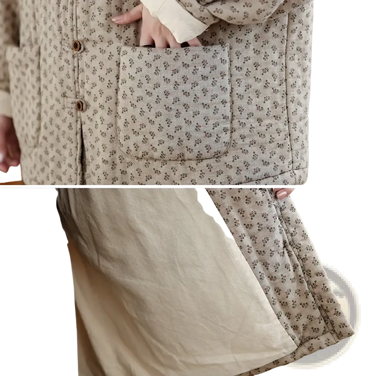 Beige quilted floral jacket with delicate black pattern and wooden buttons vintage winter coat for women