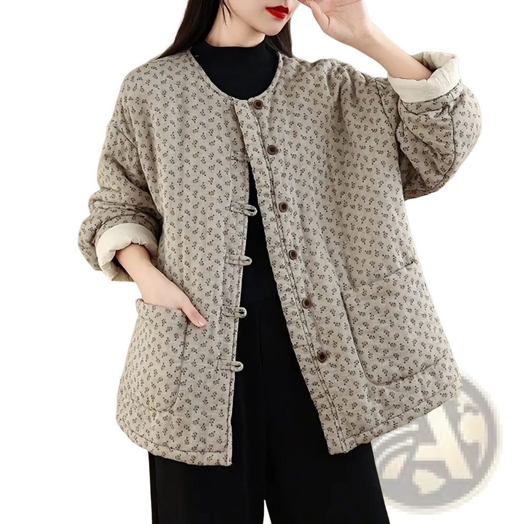 Beige floral quilted jacket for women with vintage toggle buttons and cream contrasting cuffs for winter wear