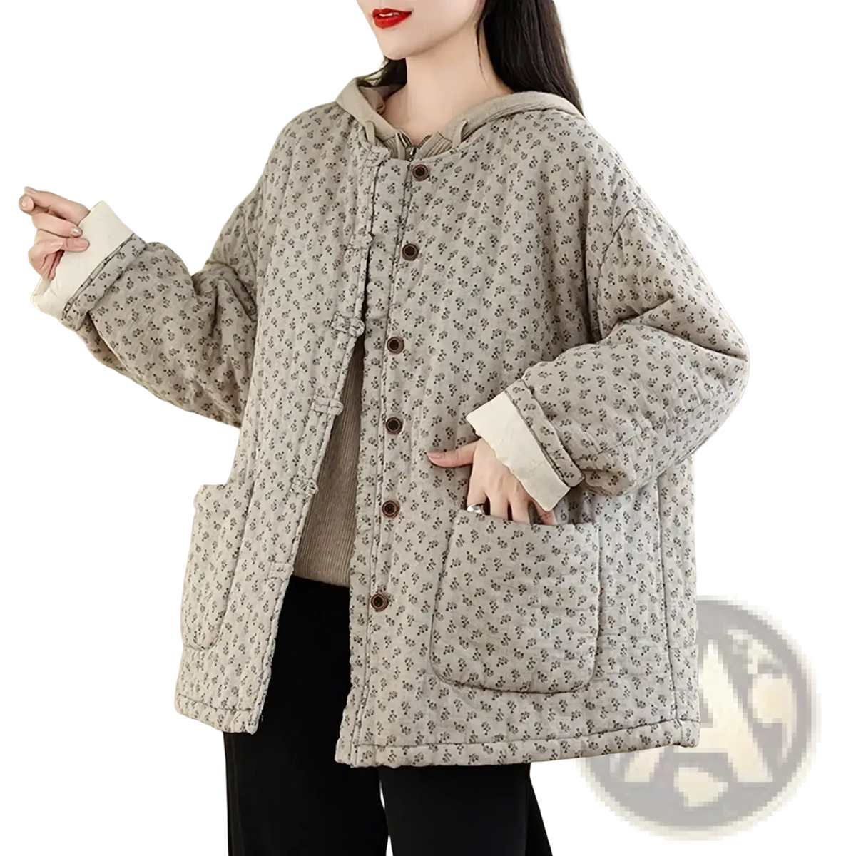 Beige floral quilted hooded jacket with cream cuffs and dark brown buttons for women winter vintage coat