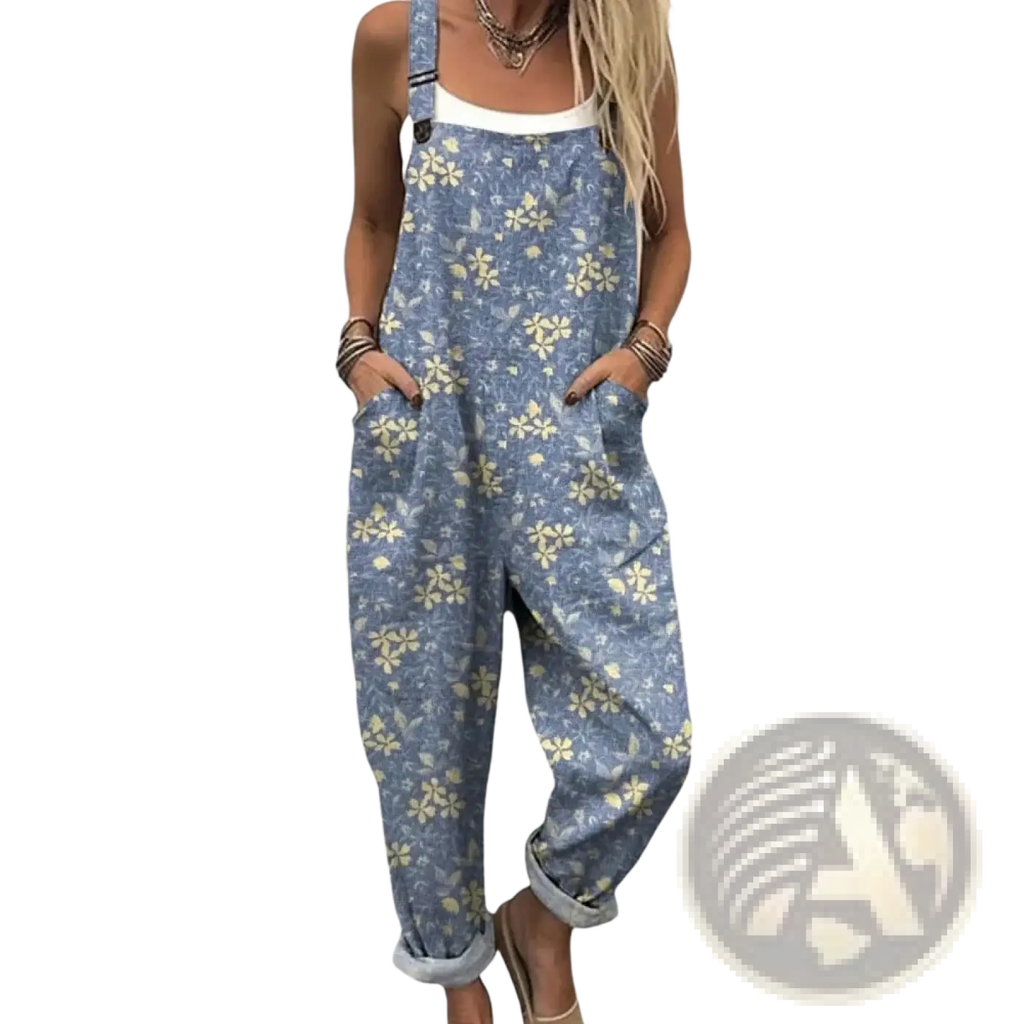 Blue floral-patterned denim overalls with rolled-up cuffs and adjustable straps casual romper jumpsuit for women