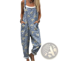 Blue floral-patterned denim overalls with rolled-up cuffs and adjustable straps casual romper jumpsuit for women