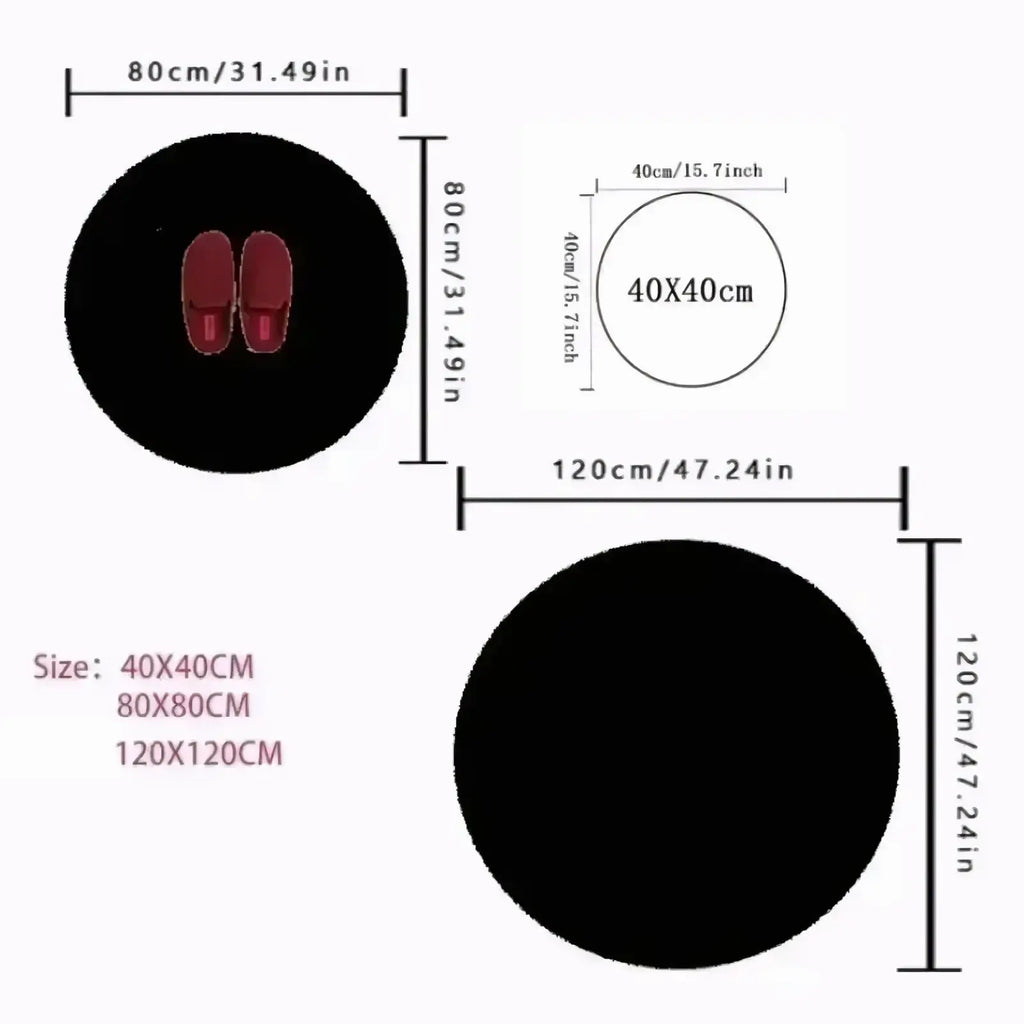 Black circular non slip flannel floral round area rug with red slip-on shoes and size measurements in cm and inches