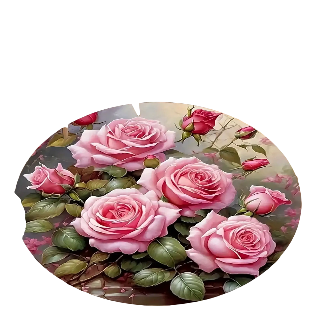 Floral round area rug with non slip flannel material featuring pink roses and green leaves on a dark background