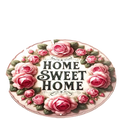Round floral non slip flannel area rug with pink roses green leaves and home sweet home script design