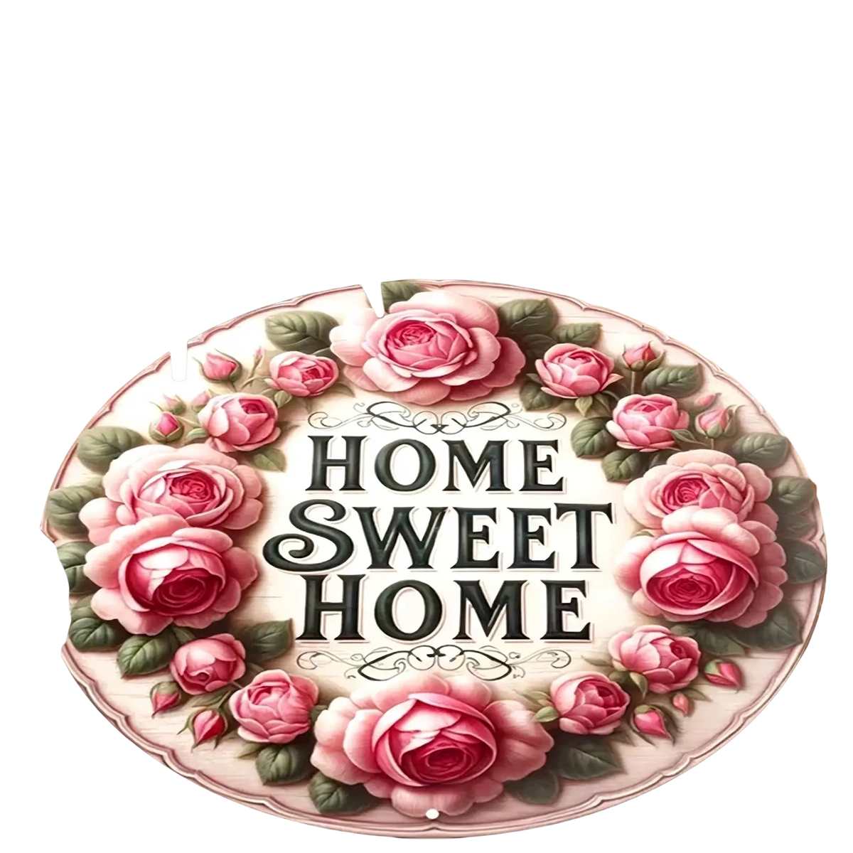 Round floral non slip flannel area rug with pink roses green leaves and home sweet home script design