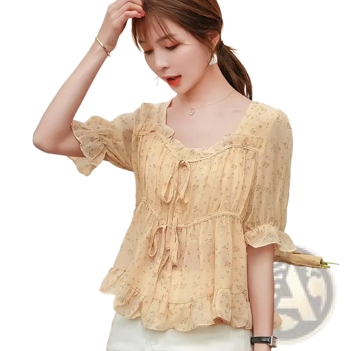 A beige floral print blouse with square neck ruffled sleeves and a tiered gathered waist for women